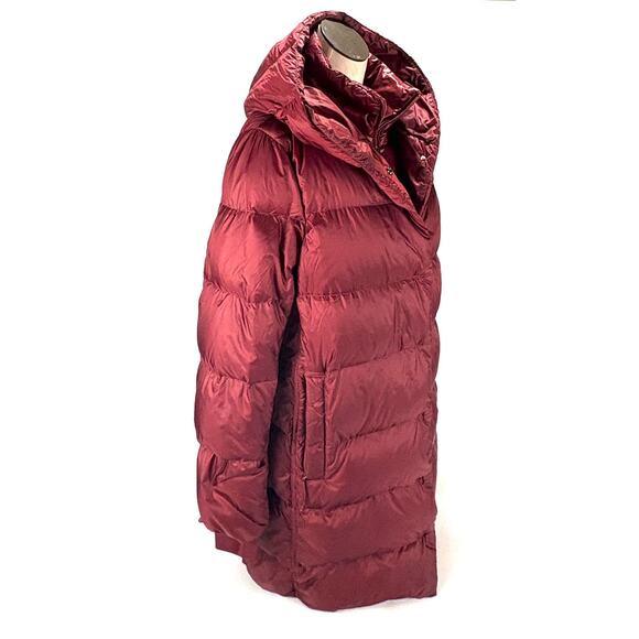 Athleta Down Puffer Coat LARGE Burgundy Hooded Quilted Long Parka Jacket - Picture 4 of 11